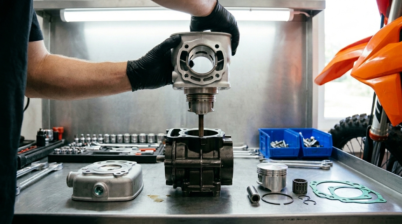 KTM two-stroke top end rebuild on the workbench with the piston and gasket kit